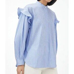 Arket High Neck Button Up Shirt Striped Frill Long Sleeve Relaxed Fit Cotton 34